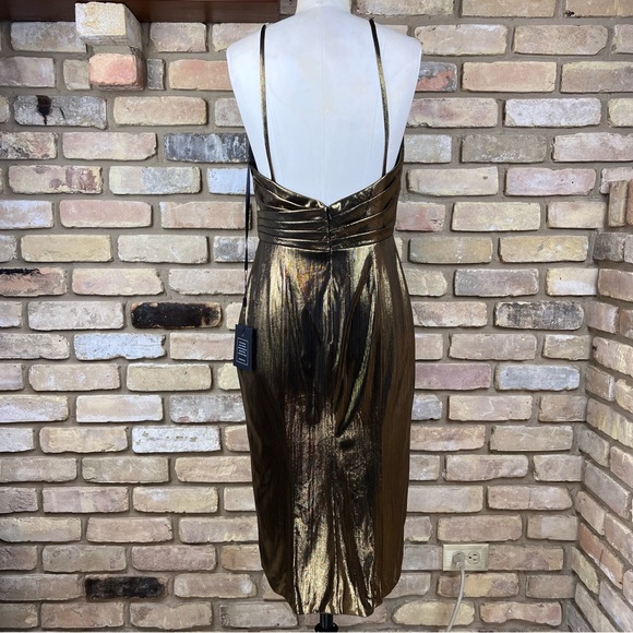 IEENA FOR MAC DUGGAL bronze shimmer metallic faux wrap cocktail dress - Picture 3 of 10